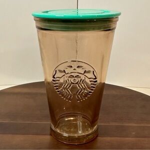 Starbucks Recycled Glass Tumbler Amber/Brown 16oz Siren Cup with Green Lid
